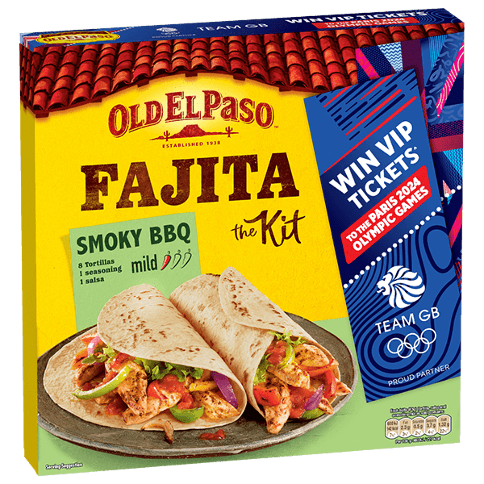 pack of Old El Paso's smoky bbq mild fajita kit promoting paris olympic competition (500g)